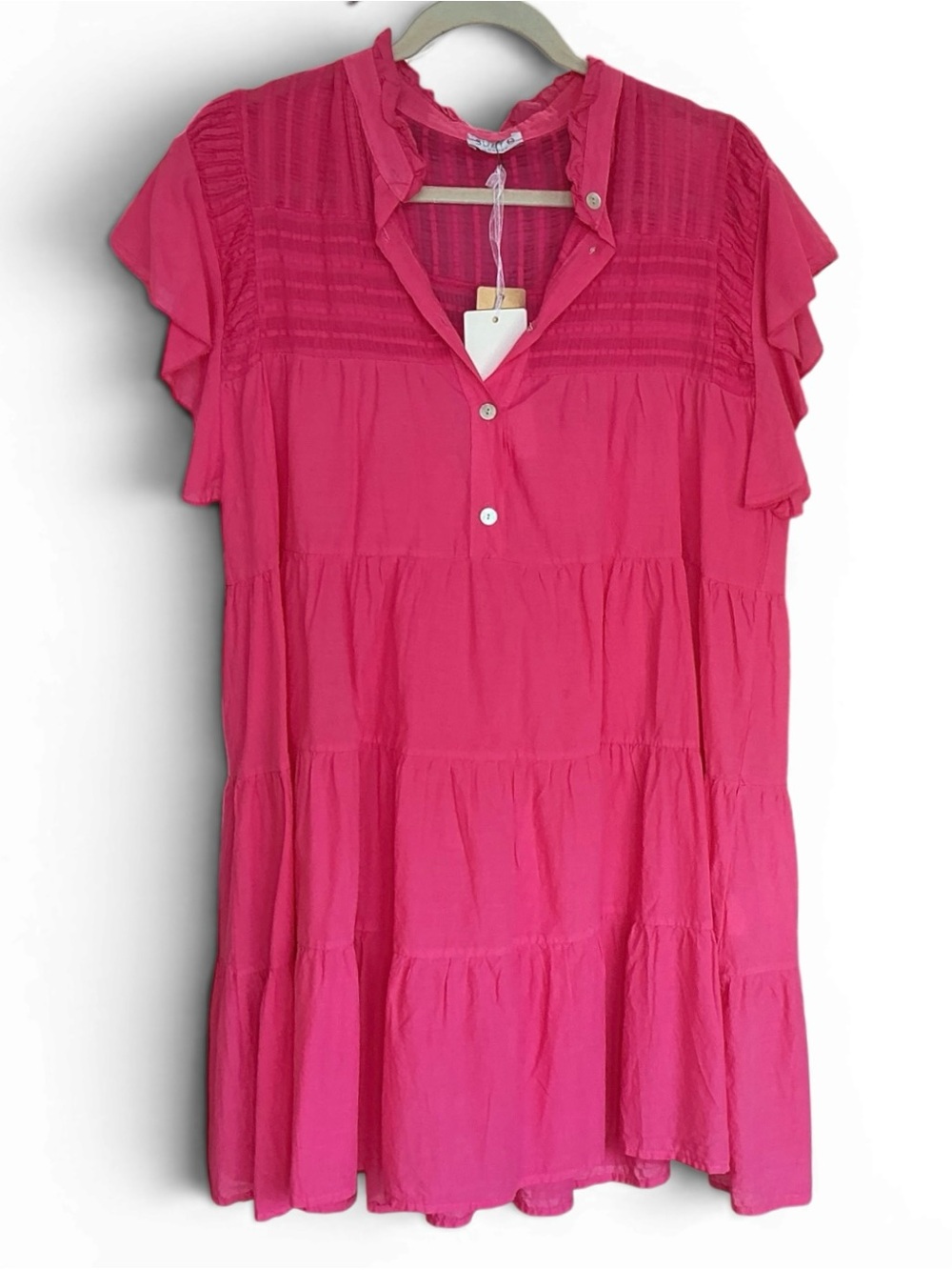 Women's Tiered Pintuck Tunic Dress in Hot Pink